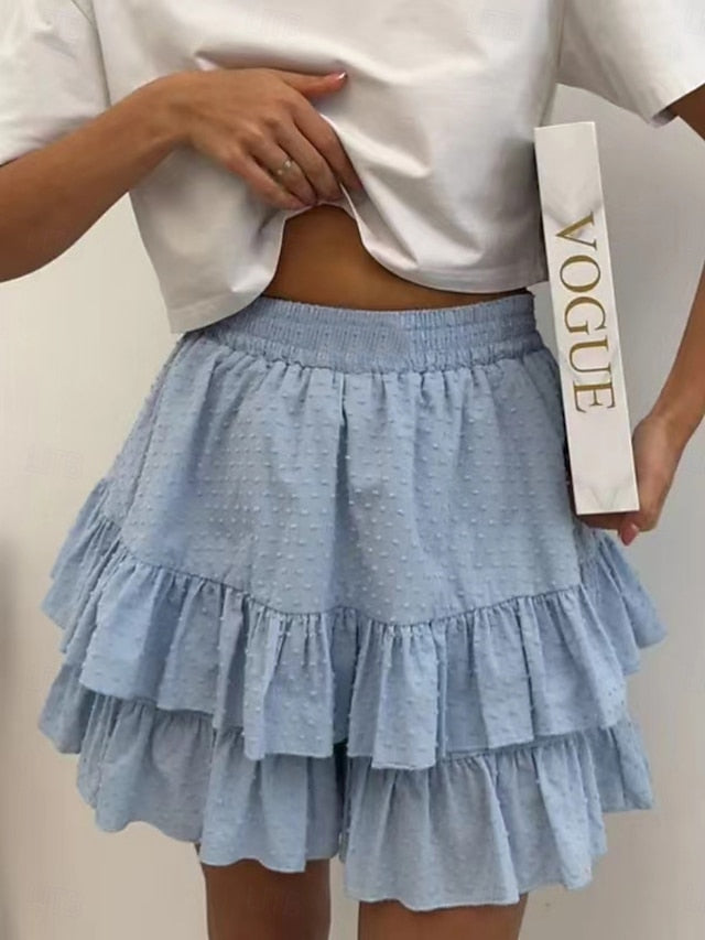 Women's Casual Mini Mid Rise Skirts Plain Ruched Layered