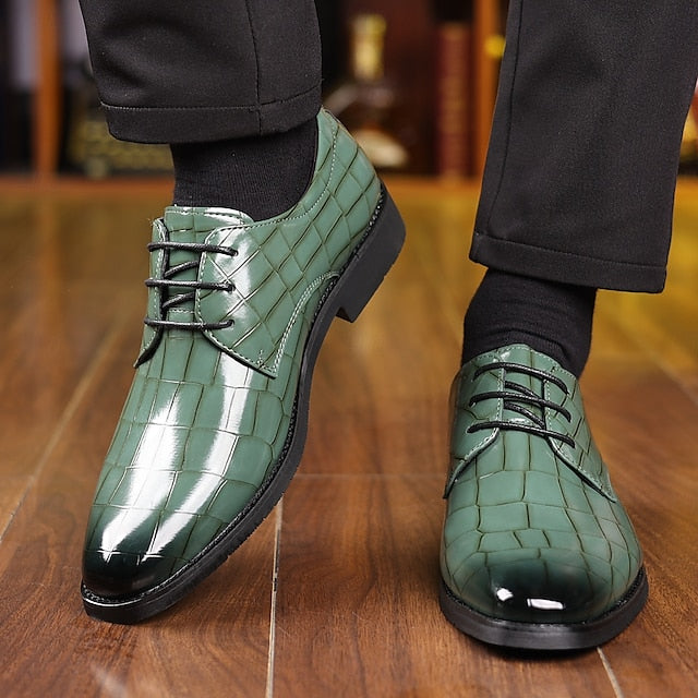 Men's – Print Leather Shoes Faux Green Crocodile Oxford
