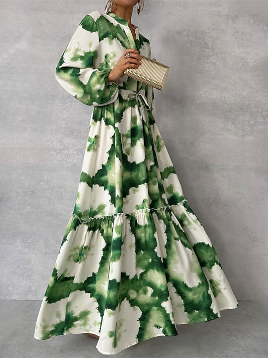 Women's Floral Split Neck Maxi Dress Long Sleeve Summer