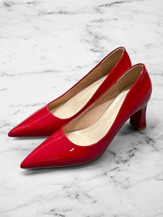 Faux Green Heel Leather Pointed-Toe Patent Block Glossy Pumps