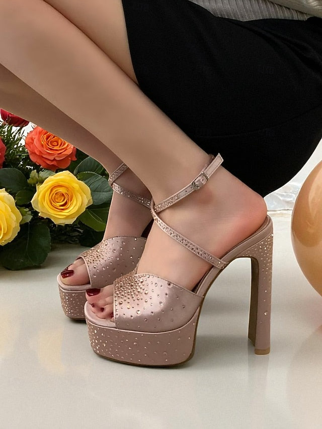Peep High Heel Platform Women's Sandals with Rhinestone Toe
