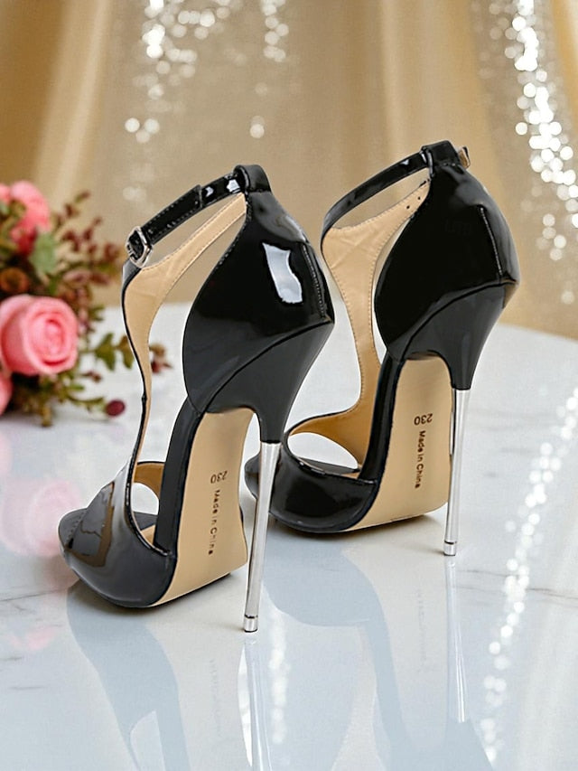 Women's Stiletto Open Heels Strappy Leather Red - Patent