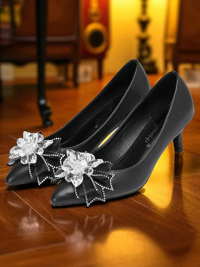 Women's Wedding White Bow Shoes Crystal with Low Heel