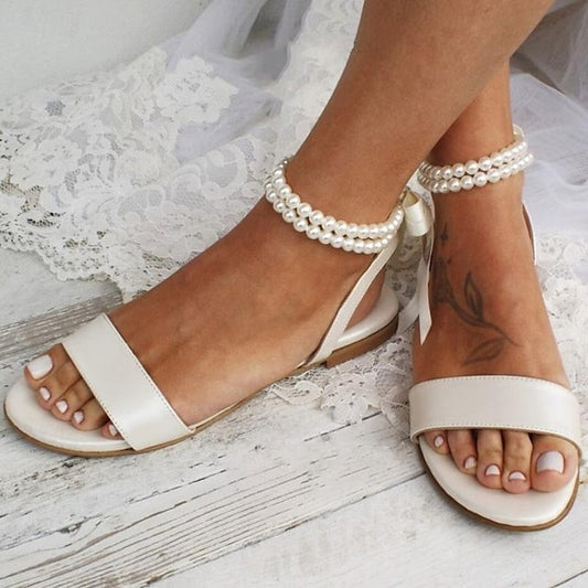 White Ankle – Sandals Flat Strap with Pearl Women's