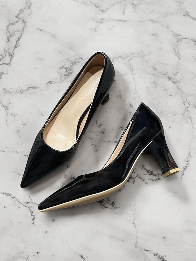Faux Green Heel Leather Pointed-Toe Patent Block Glossy Pumps