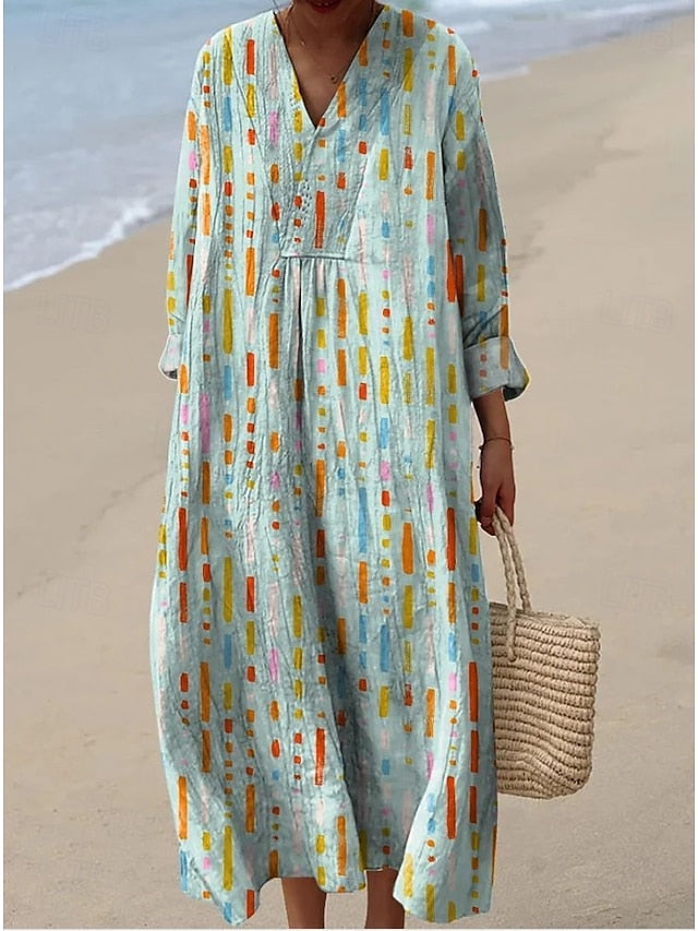 Women's Midi Dress V Neck Long Sleeve Kaftan Lightweight