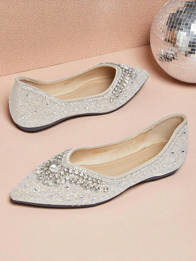 Toe Glitter Silver Crystal Flats Pointed Women's with