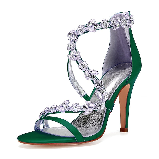 High Pink Satin Sandals Women's with Heel Rhinestone Floral