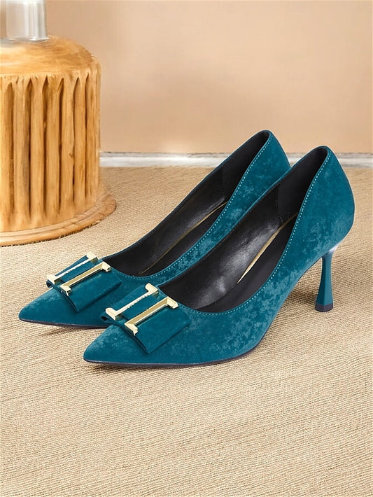 Kitten Pointed Teal Women's Velvet Elegant Pumps - Heel Toe