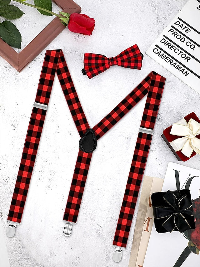 Adjustable Plaid Christmas Bow Set and Suspender Men's Tie