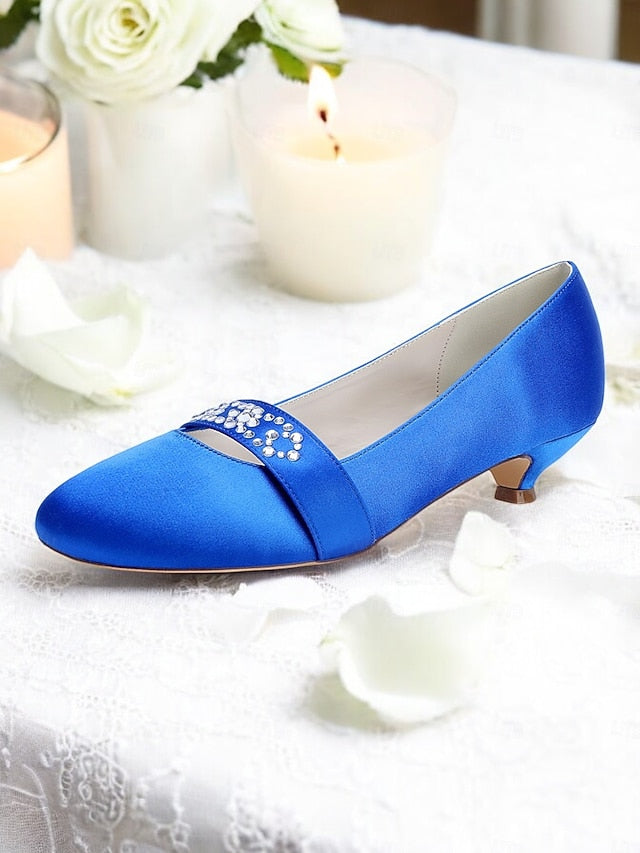 Kitten with Rhinestone Women's Blue Satin Heels
