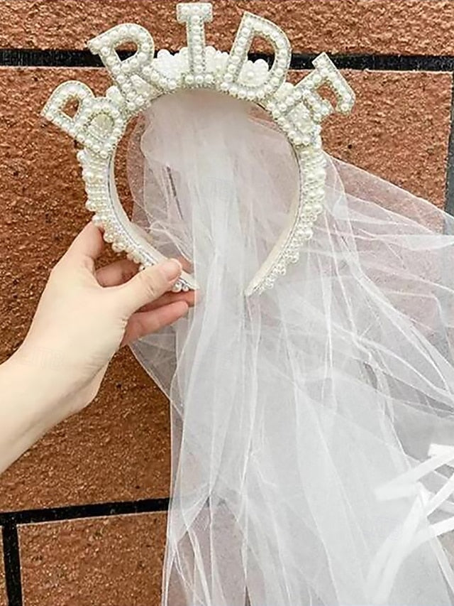 'BRIDE' Headband with – Pearl-Embellished Veil