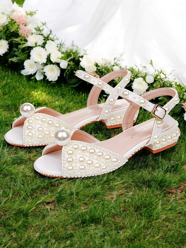 Heel White Sandals – Low Pearl-Embellished Women's