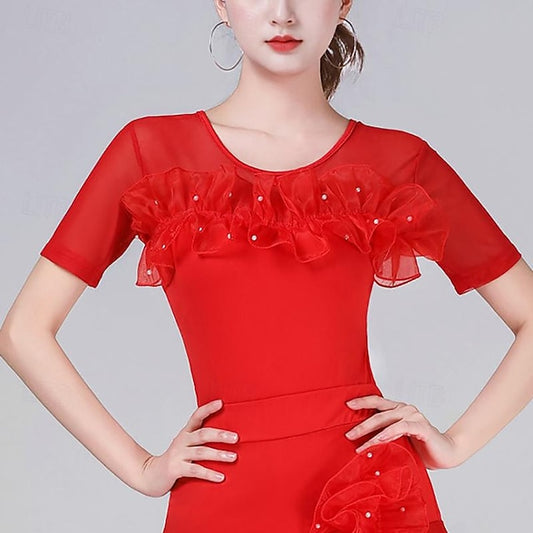 Latin Dance Ballroom Dance Top Pure Color Ruffle Splicing