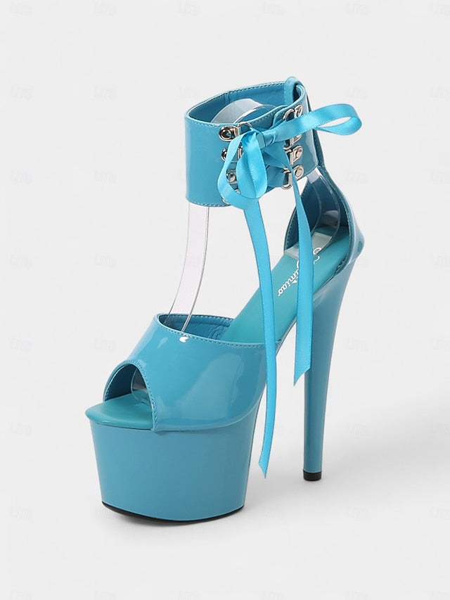 Lace-Up Ankle Black Sandals Patent with Platform Straps Leather