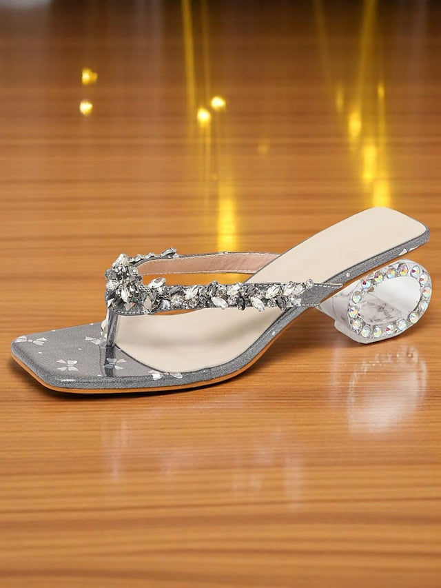 Silver Rhinestone Sandals Heels Women's Sparkly Toe Open -