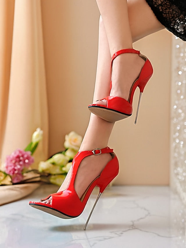 Heels Open Women's - Stiletto Red Patent Leather Strappy