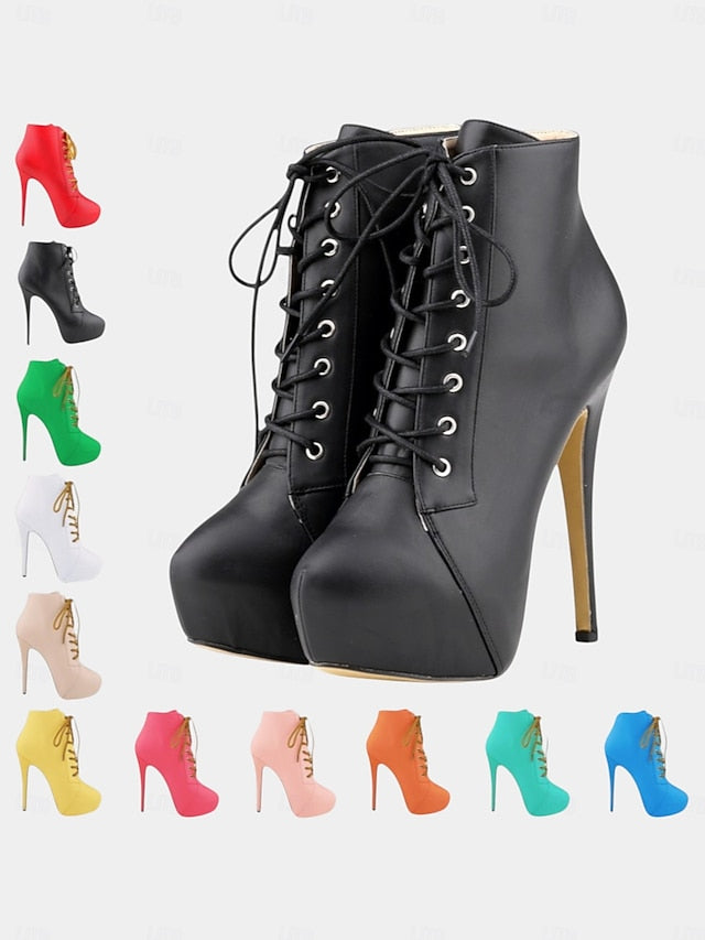 Beige Faux Lace-Up Women's Leather - Platform Boots Ankle