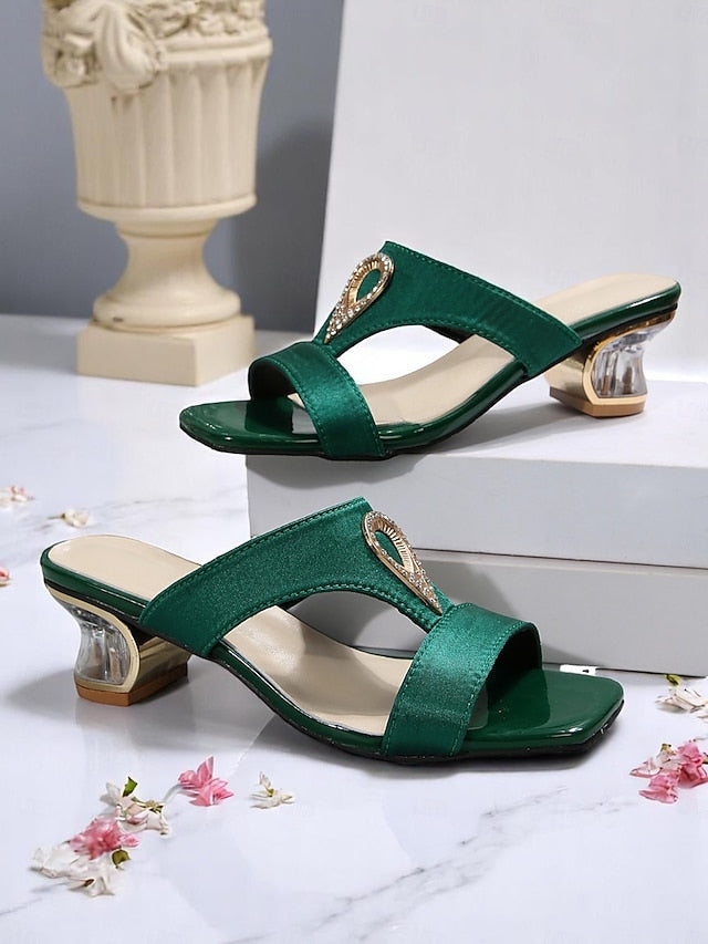 Women's Green Sandals Satin with Rhinestone Slide