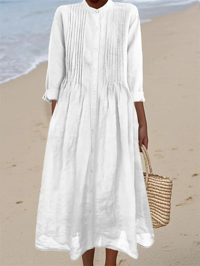 Women's Midi Dress Shirt Dress Cotton Linen Dress Fashion
