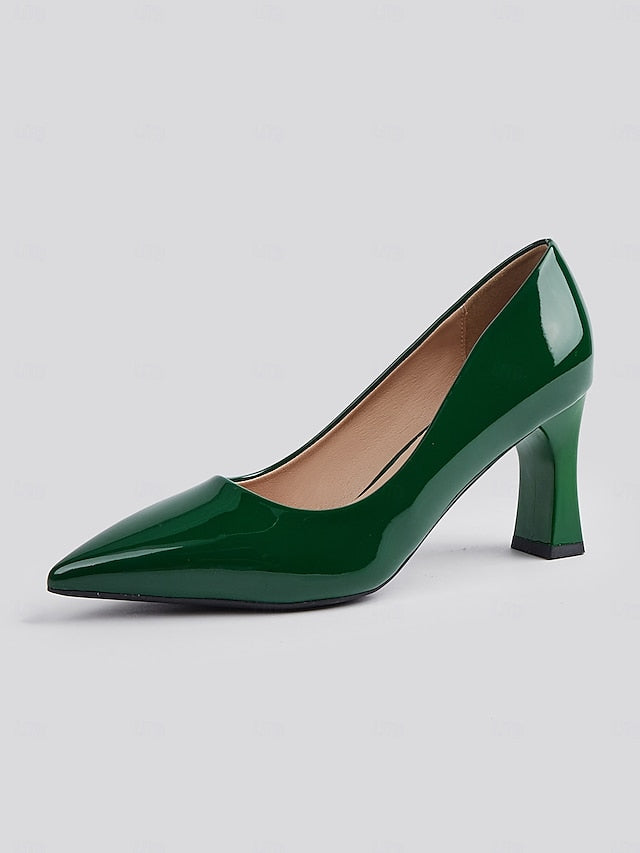 Faux Green Heel Leather Pointed-Toe Patent Block Glossy Pumps
