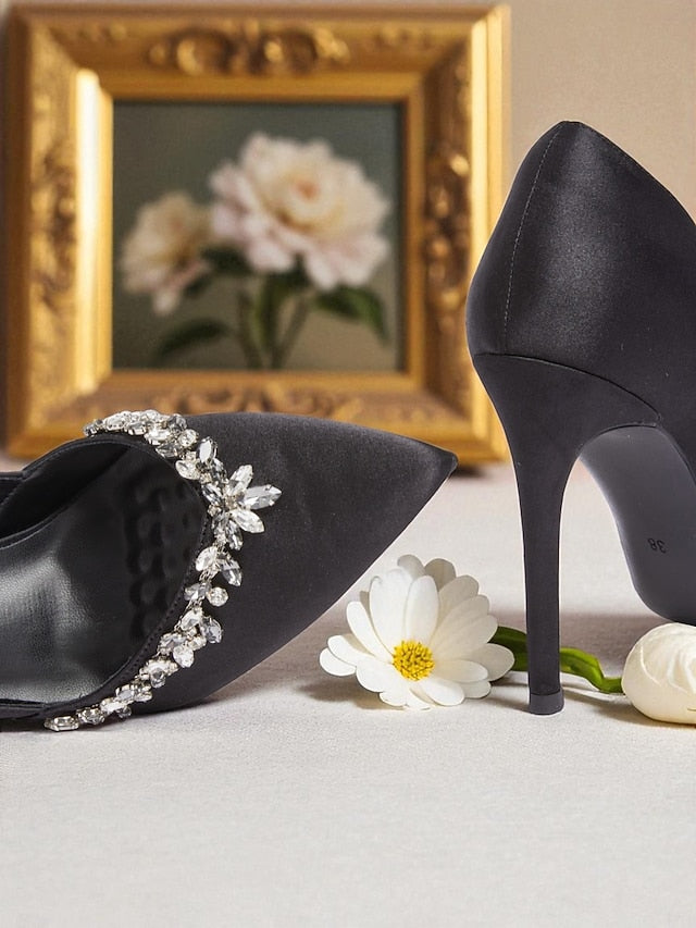 Pointed Embellishment Crystal Women's with Toe Heels Satin