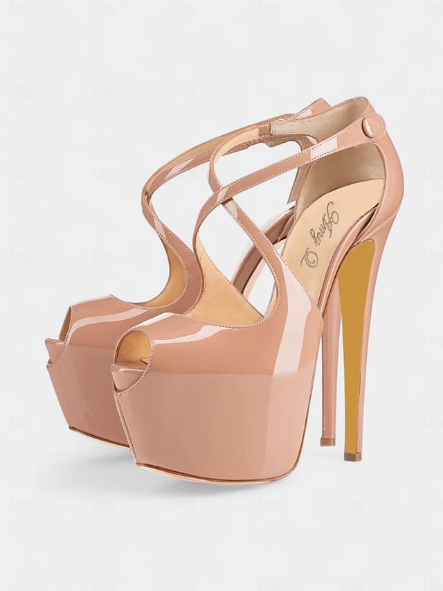 Stiletto Platform Cross with Patent Leather Black Red and Heels