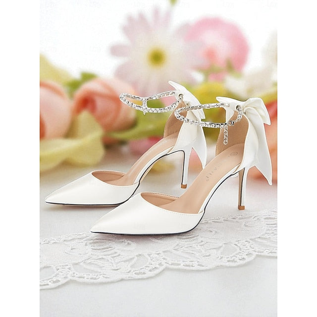 and Heels Pointed Ivory Bow Satin with Women's Toe Stiletto