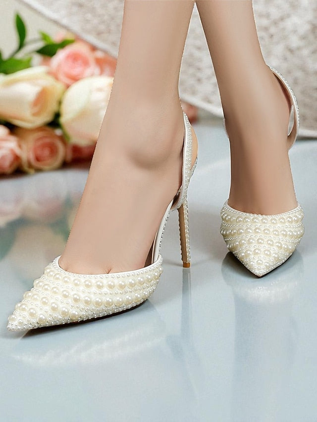 Leather Pearl-Embellished Heels Women's White Slingback -