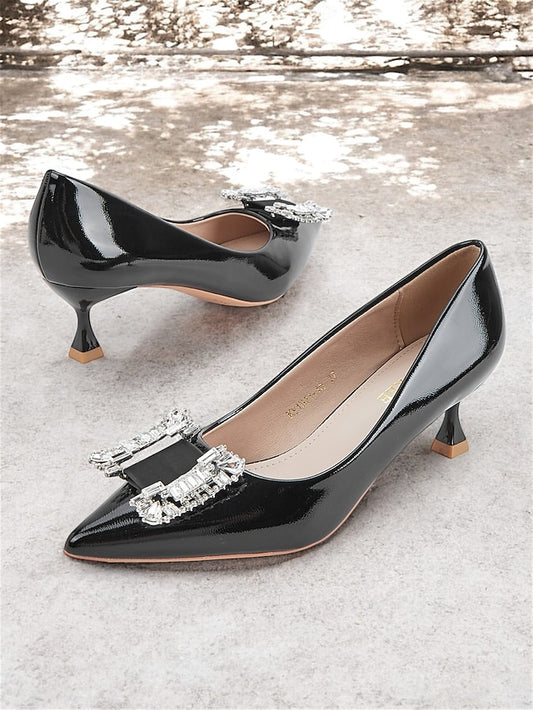 Embellished Leather Women's Black Pumps Crystal Patent with