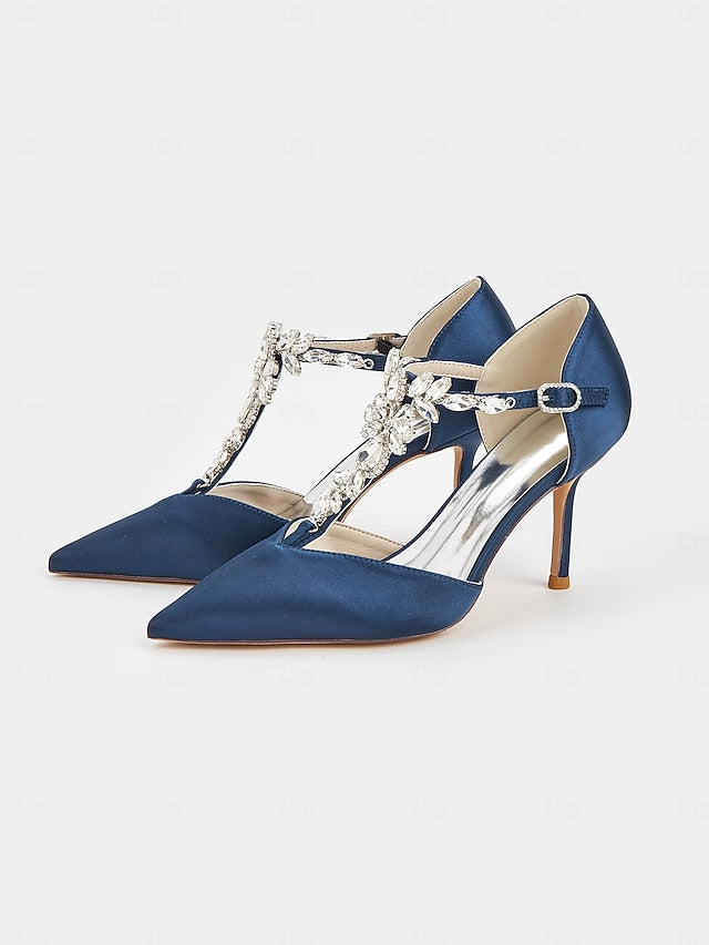 T-Strap Heels Toe Pointed Navy Satin – Women's Blue