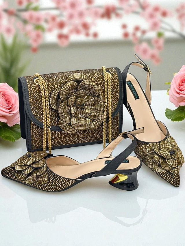 Women's Gold with Pumps Matching Rhinestone Slingback