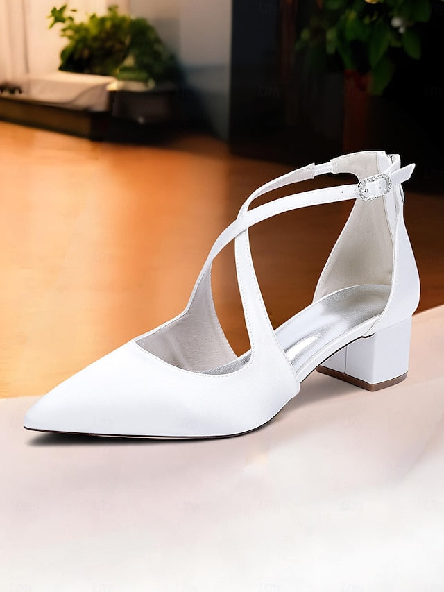 Elegant Heels Satin Toe Block Ivory Pointed Women's -