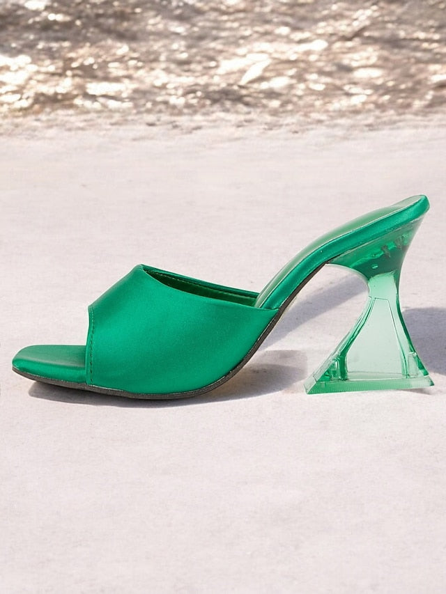 Heels Block Open-Toe for with Satin Green Mules Transparent