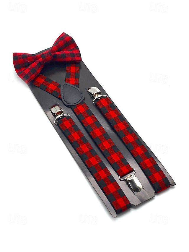 Adjustable Plaid Christmas Bow Set and Suspender Men's Tie