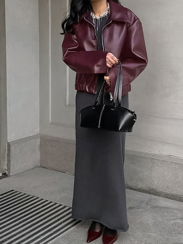 Leather Faux Pocket Jacket Women's Comfortable Zipper Warm