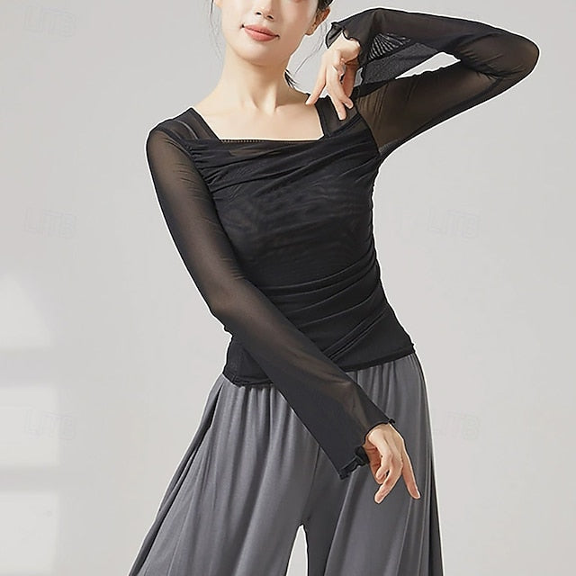 Activewear Top Pure Color Splicing Tulle Women's