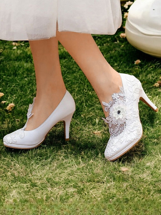 Heel Shoes High Floral – with Lace Embellishments White Bridal