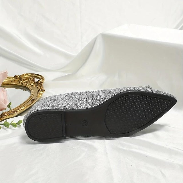 with Rhinestone Embellished Flats Women's Glitter Silver