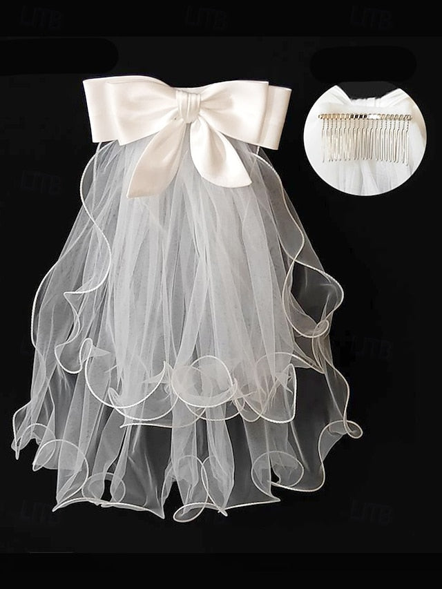 Satin with and Veil Elegant Ribbon Bridal Soft Ivory - Tulle