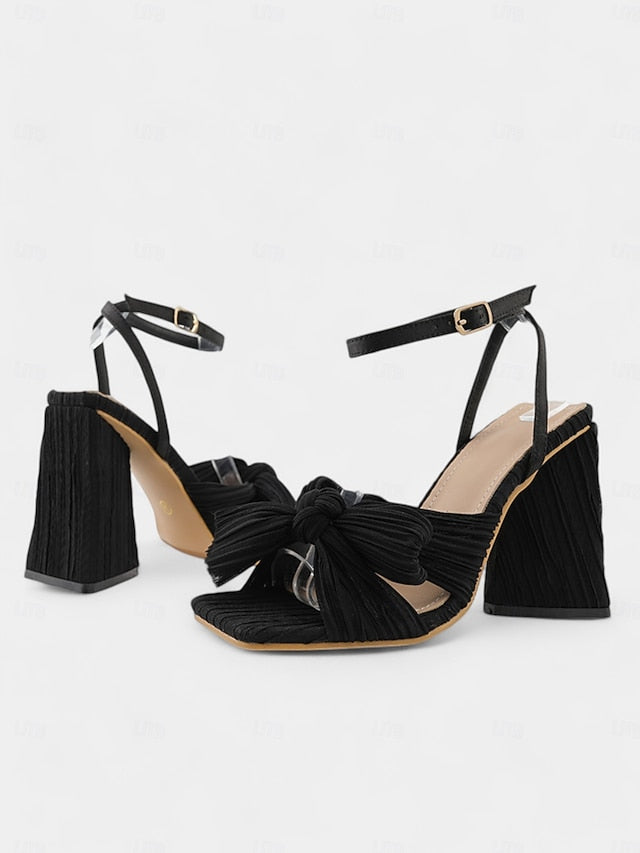 Knot Textured Detail Rose Sandals Block with and Gold Heel