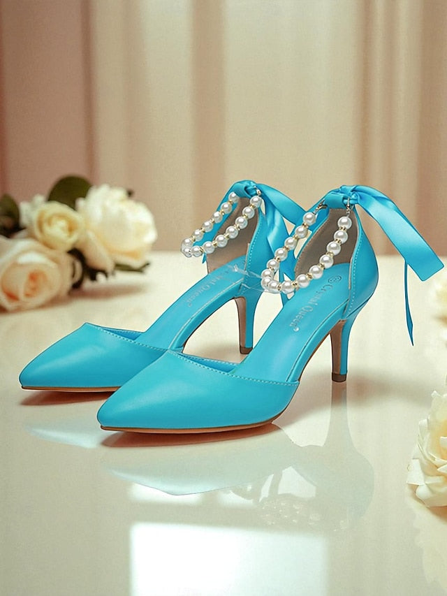 Ankle Bow Heel Pearl Women's Pumps Strap - Blue Kitten with