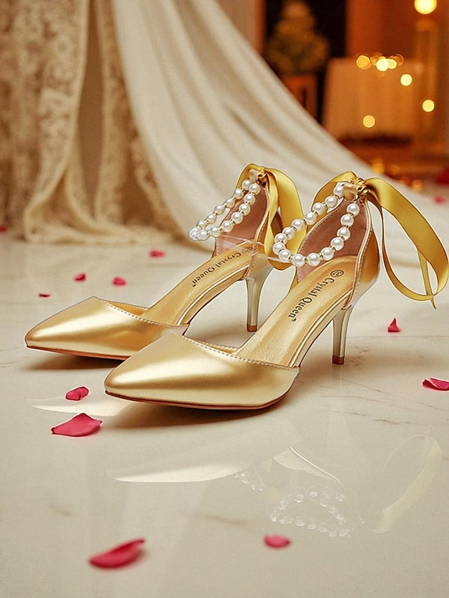 Ankle Bow Heel Pearl Women's Pumps Strap - Blue Kitten with