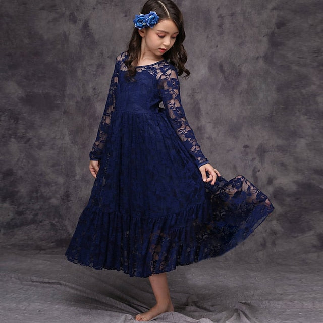 Flower Solid Girls' Long Kids Colored Girl Dress