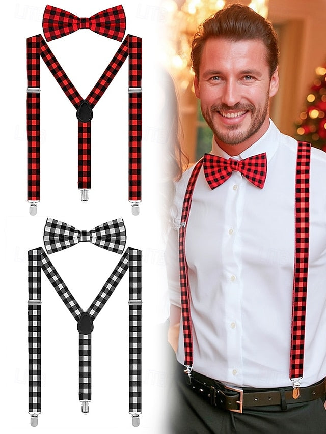 Adjustable Plaid Christmas Bow Set and Suspender Men's Tie