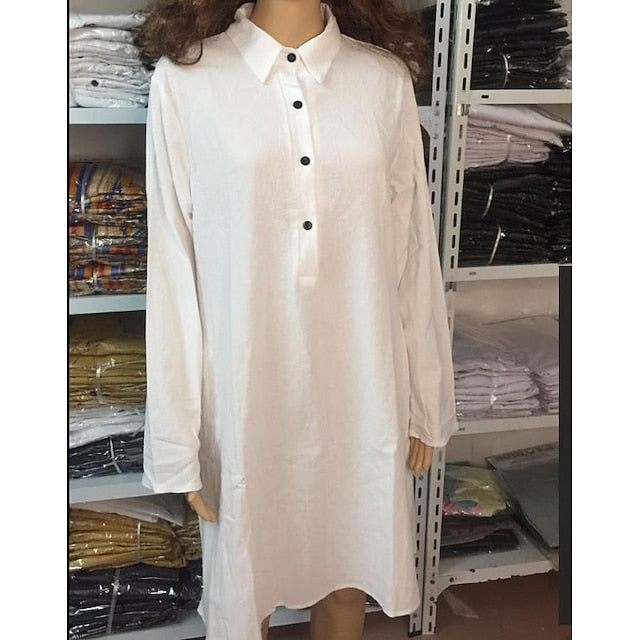 Women's Midi Dress Faux Cotton Linen Shirt Dress Casual