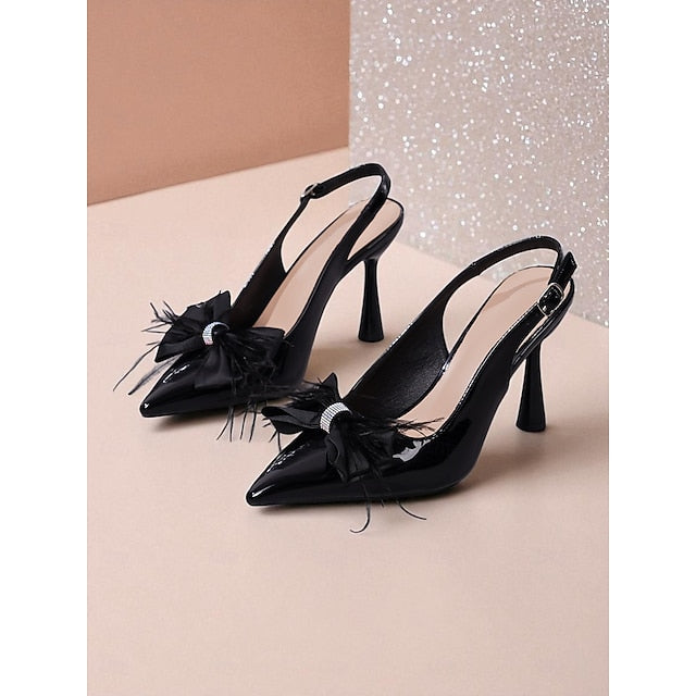 with Black Heels Slingback Women's Patent Feather Leather