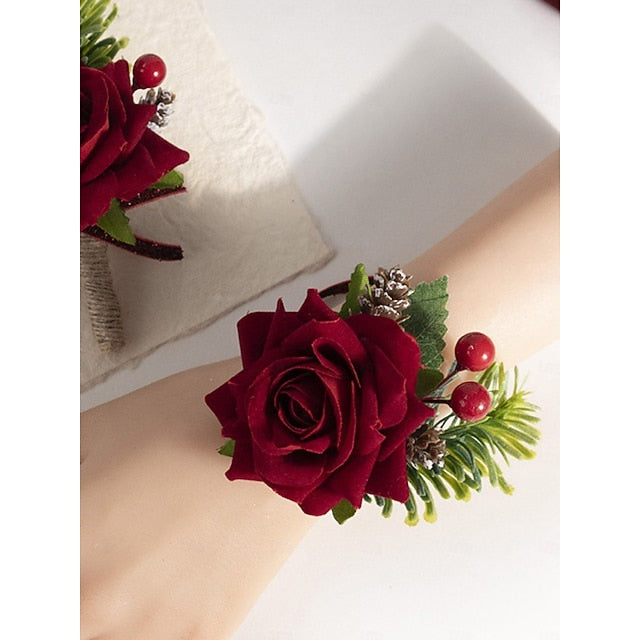 Women's Christmas Set and Corsage Boutonniere Rose Red