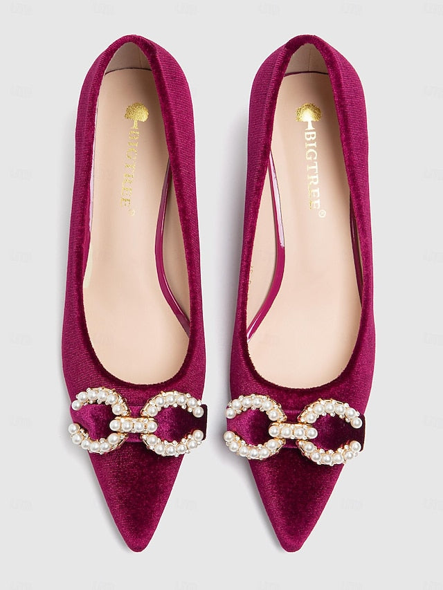Bow Velvet Pumps with Burgundy Heel Women's Pearl - Kitten
