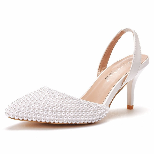 – Heels Pearl Slingback Embellishments White Women's with